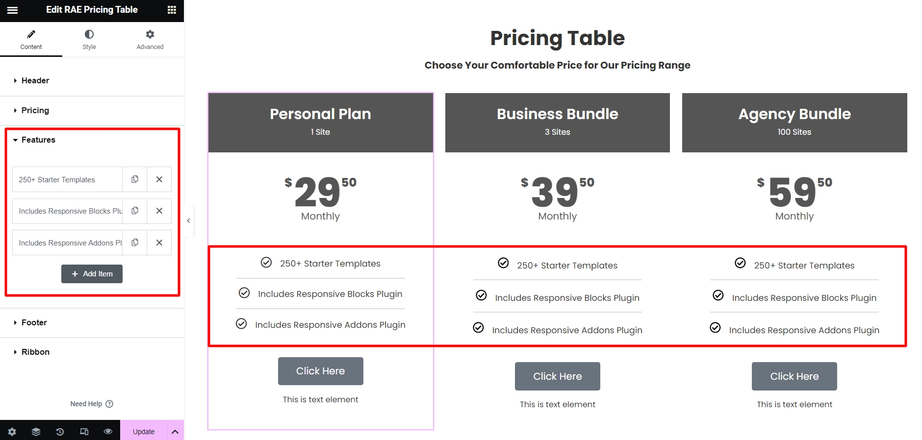 Customizing content features