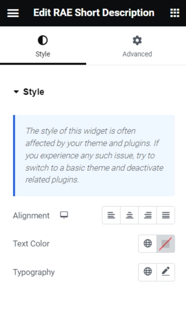 Style RAE short description tab