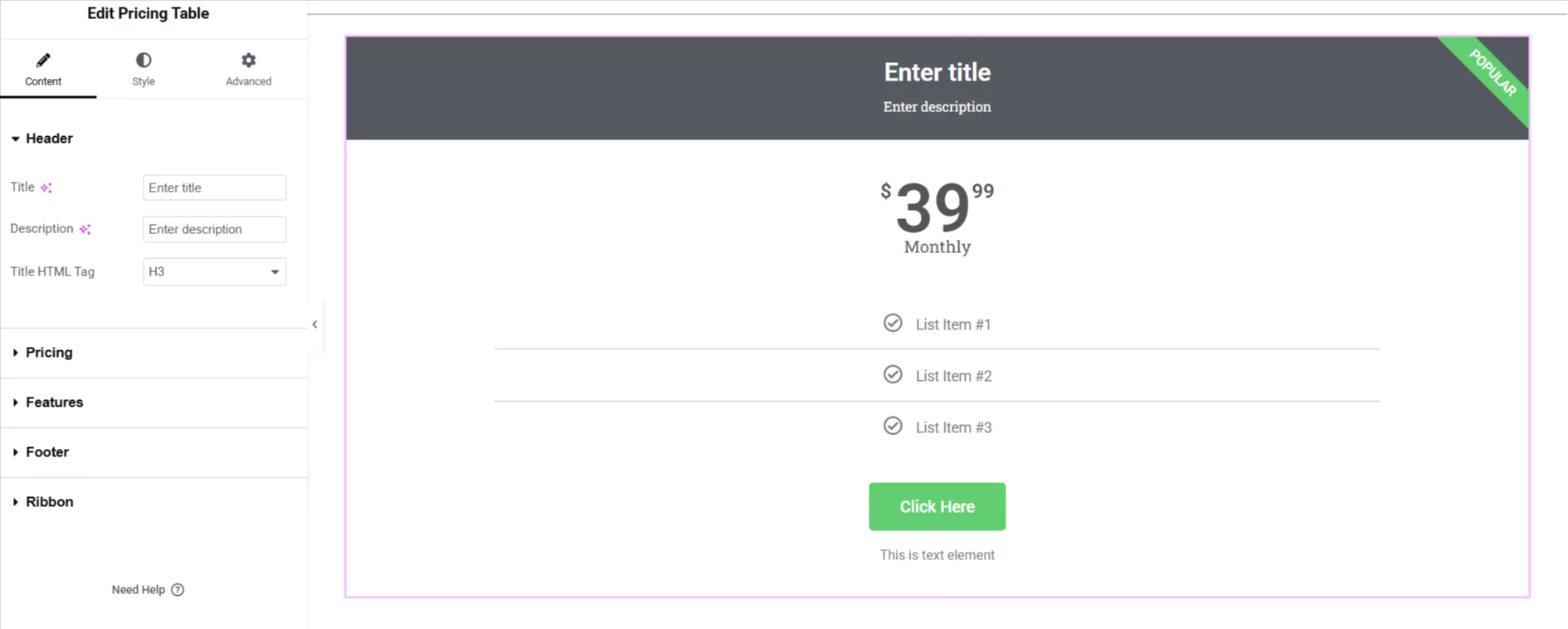 Default Pricing Table