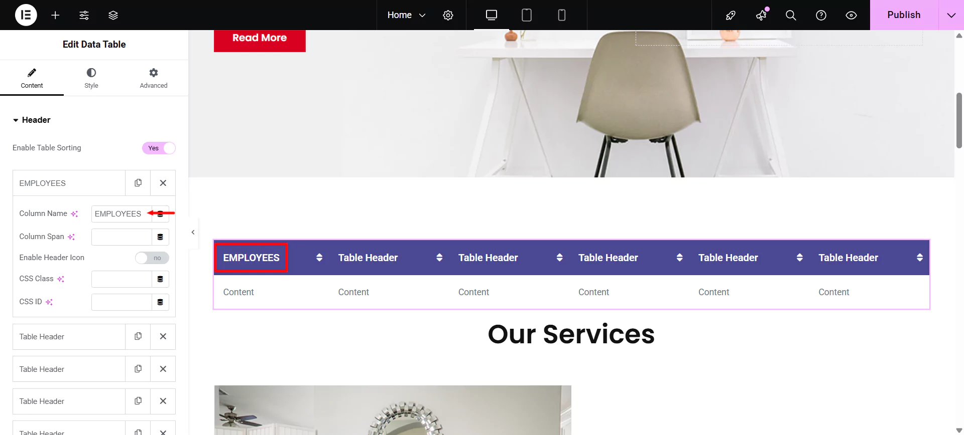 Clicking edit table header