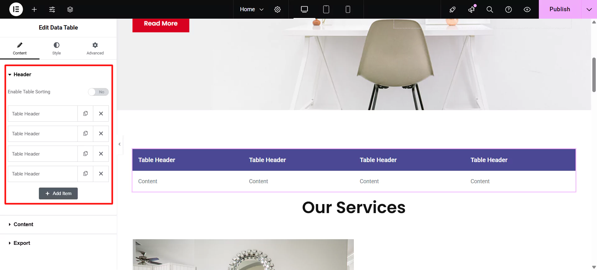 Clicking header tab