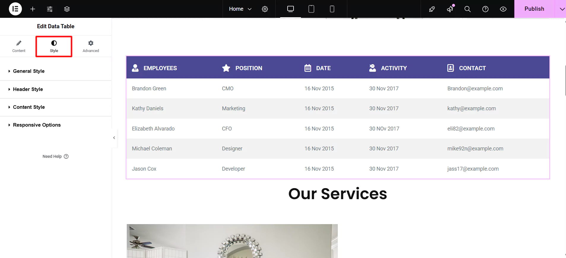 Clicking style tab