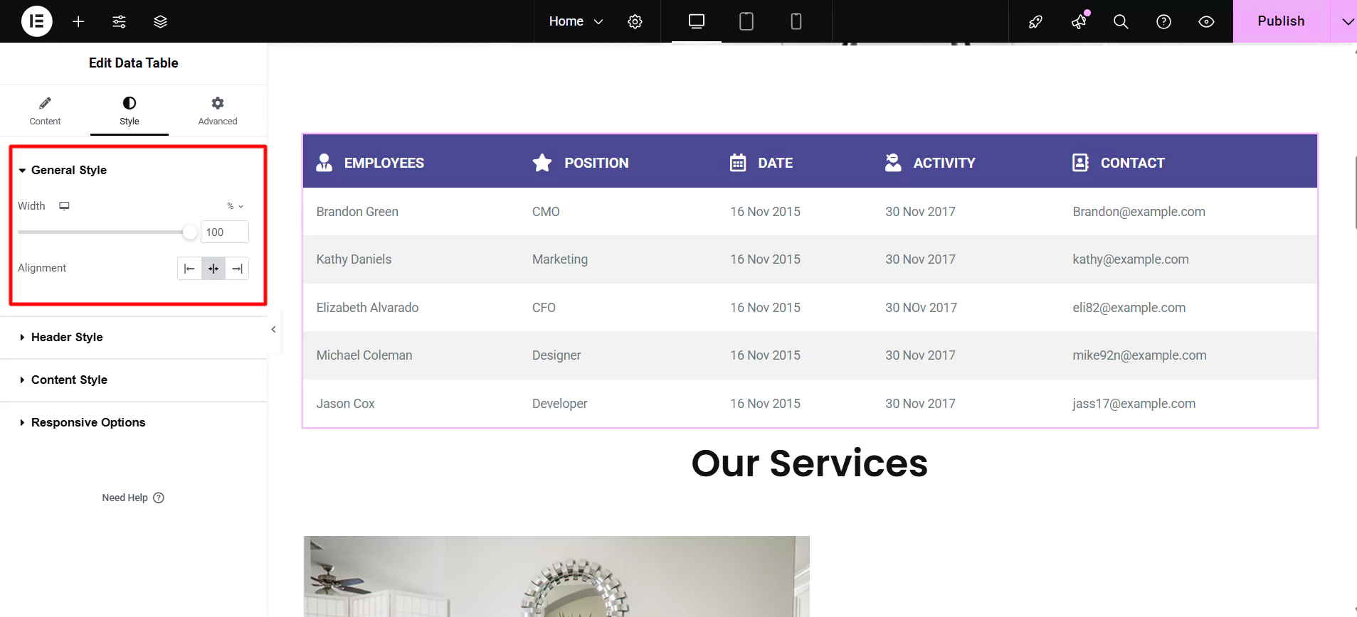 Clicking general style tab