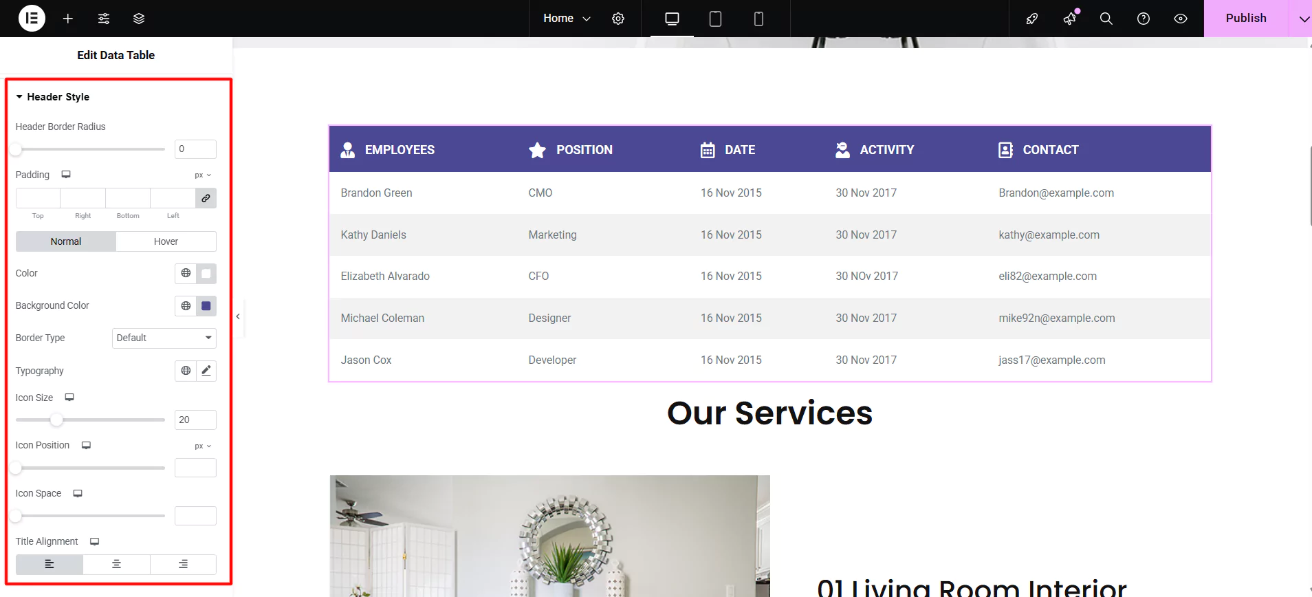 Clicking header style tab