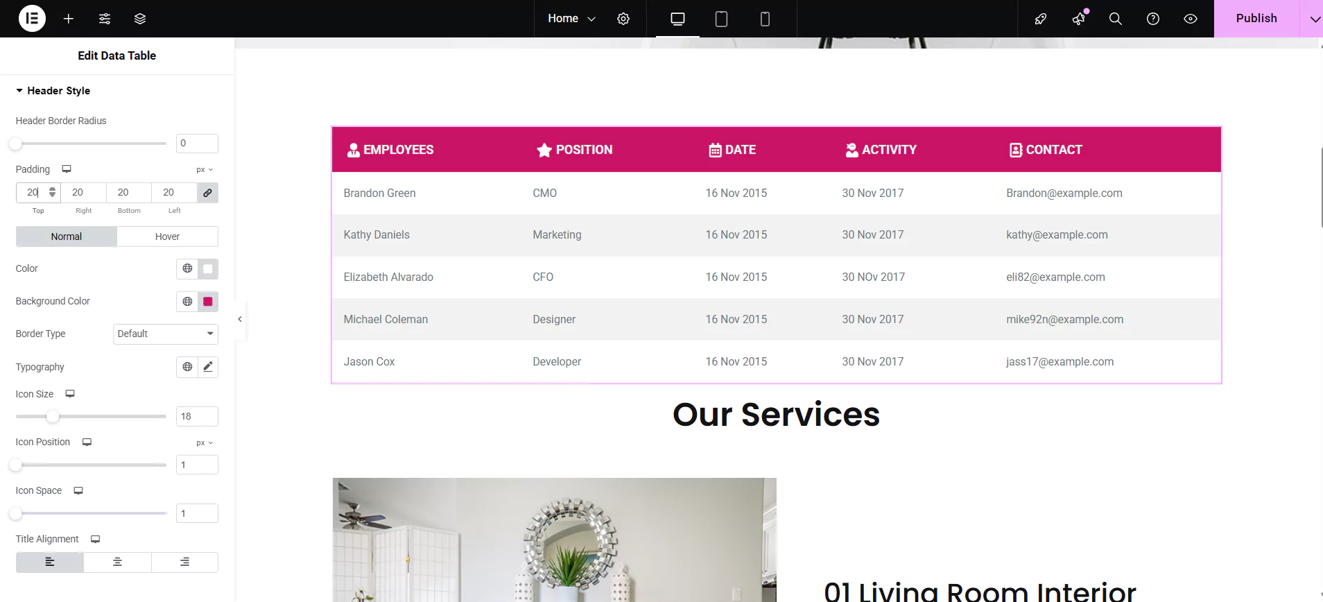 Editing header style tab