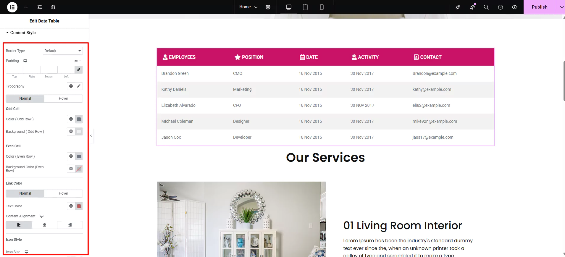 Clicking content style tab