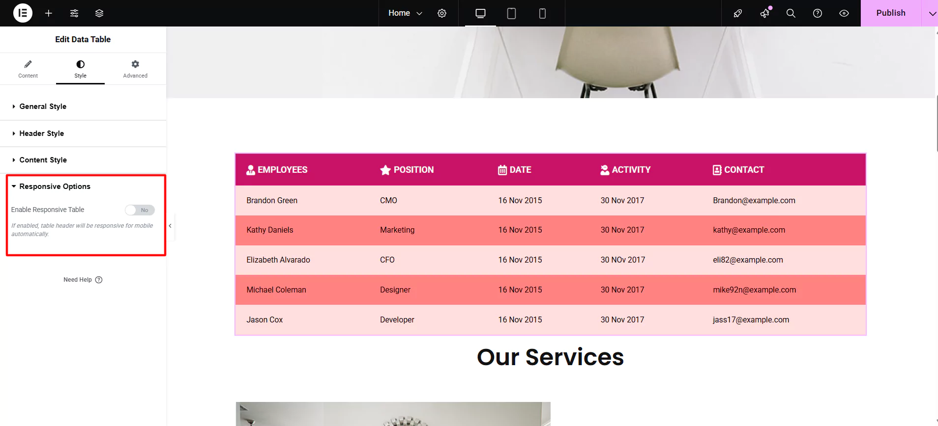 Clicking responsive options tab