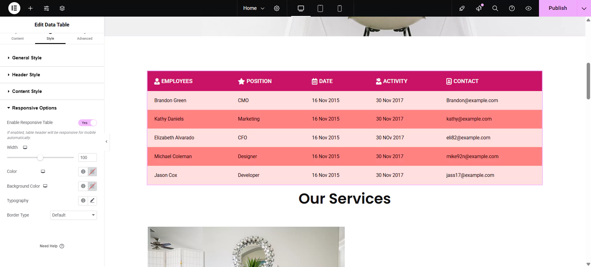 Editing responsive options