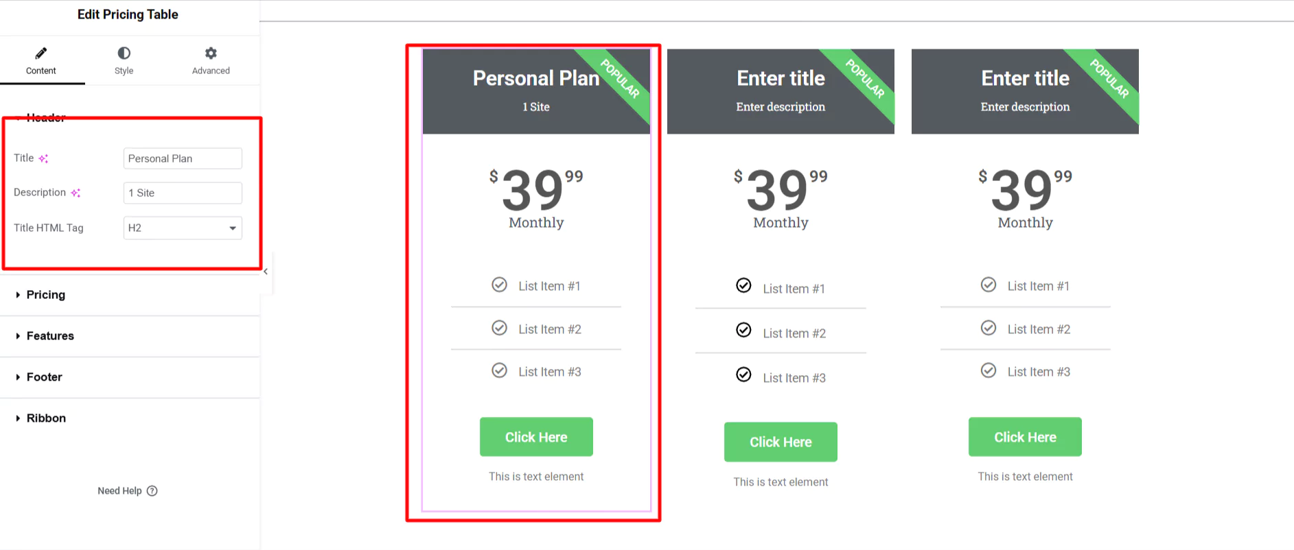Edit header for pricing table