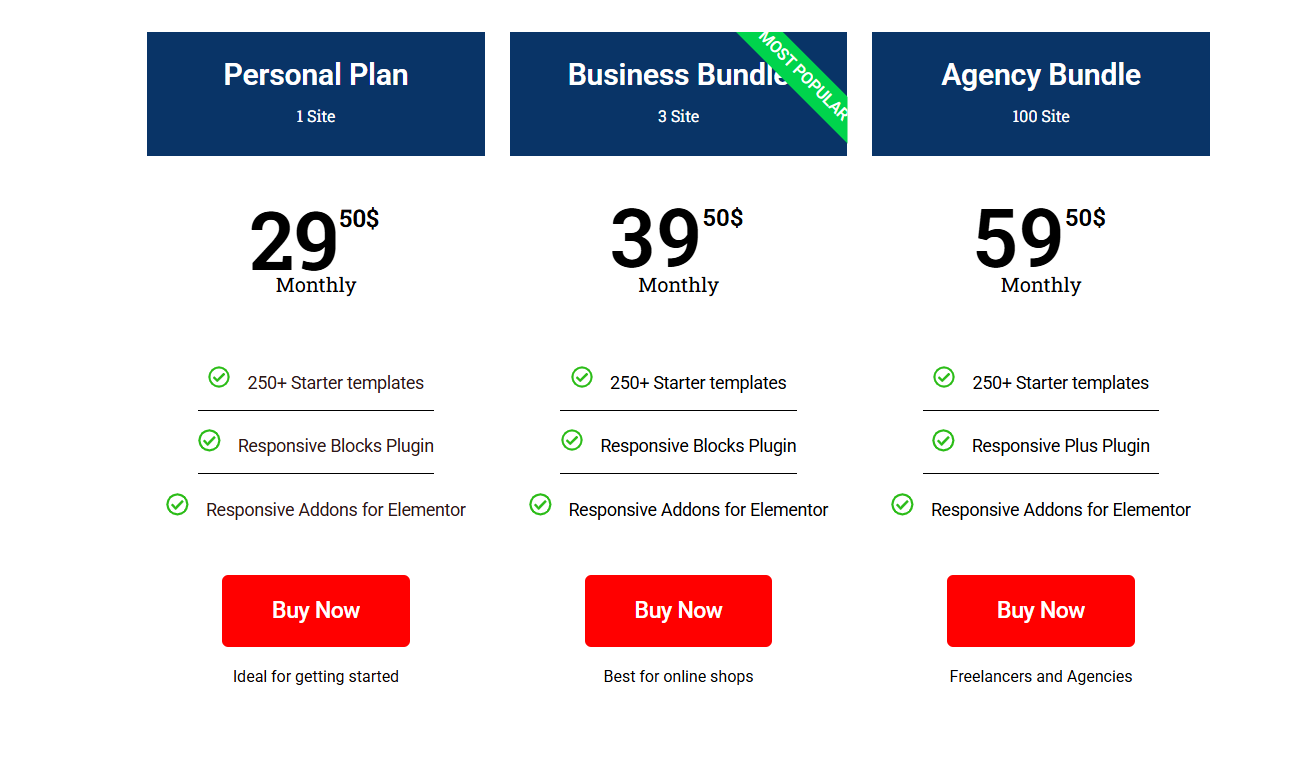 Ready to use Elementor pricing table