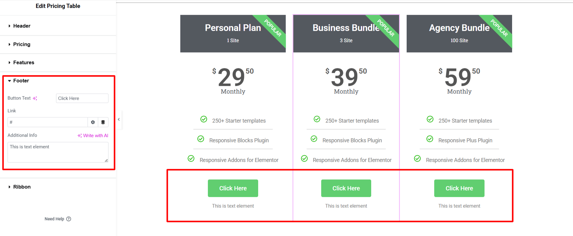 Footer widget edit for pricing tbale
