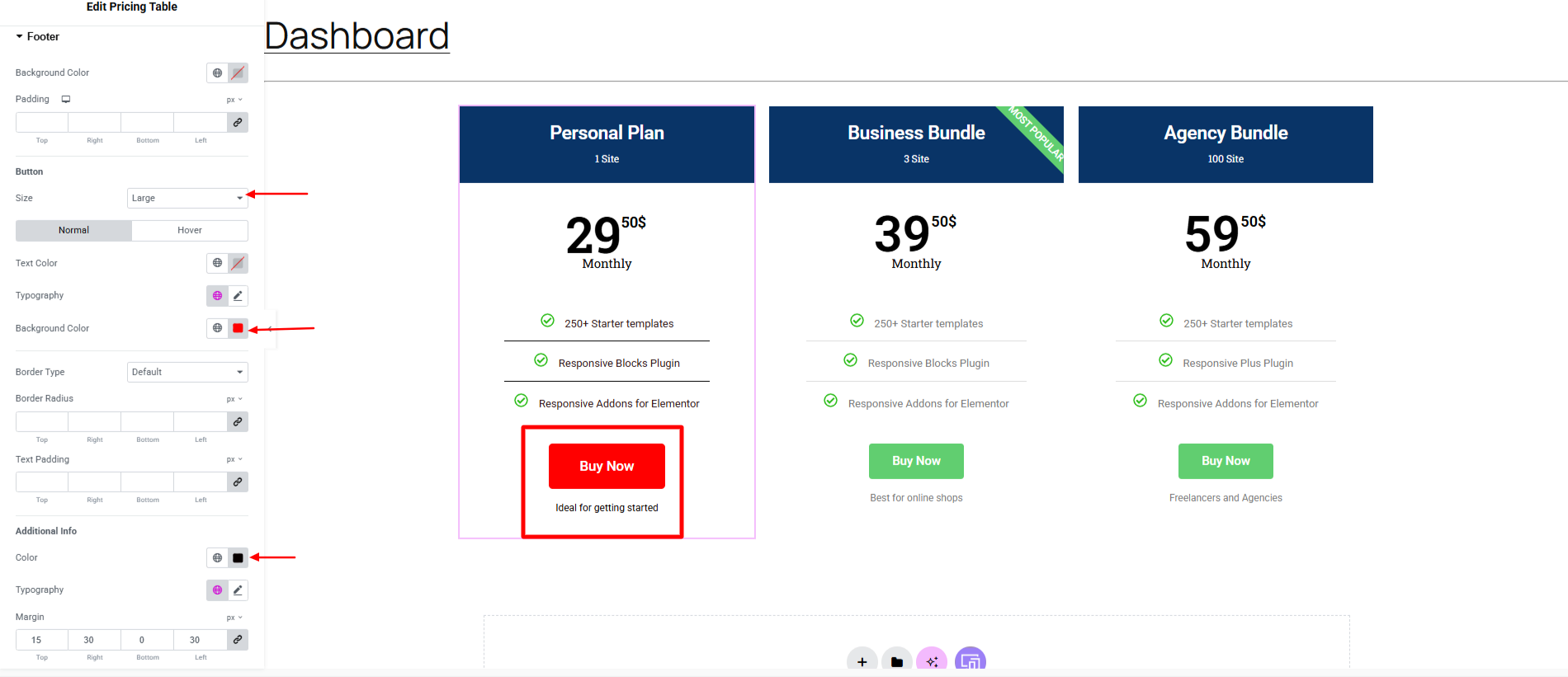 Elementor pricing table Footer edit