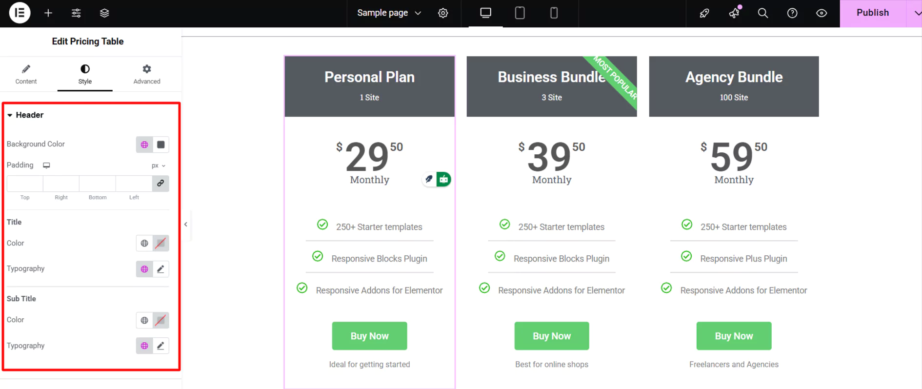 Elementor pricing table Header style