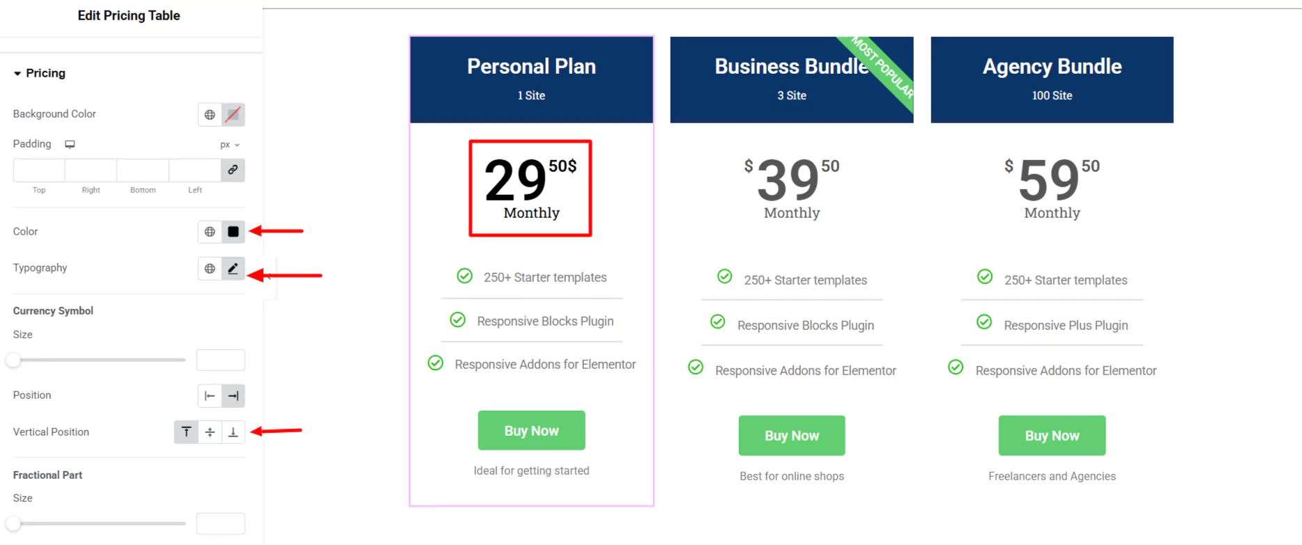 Pricing table edit