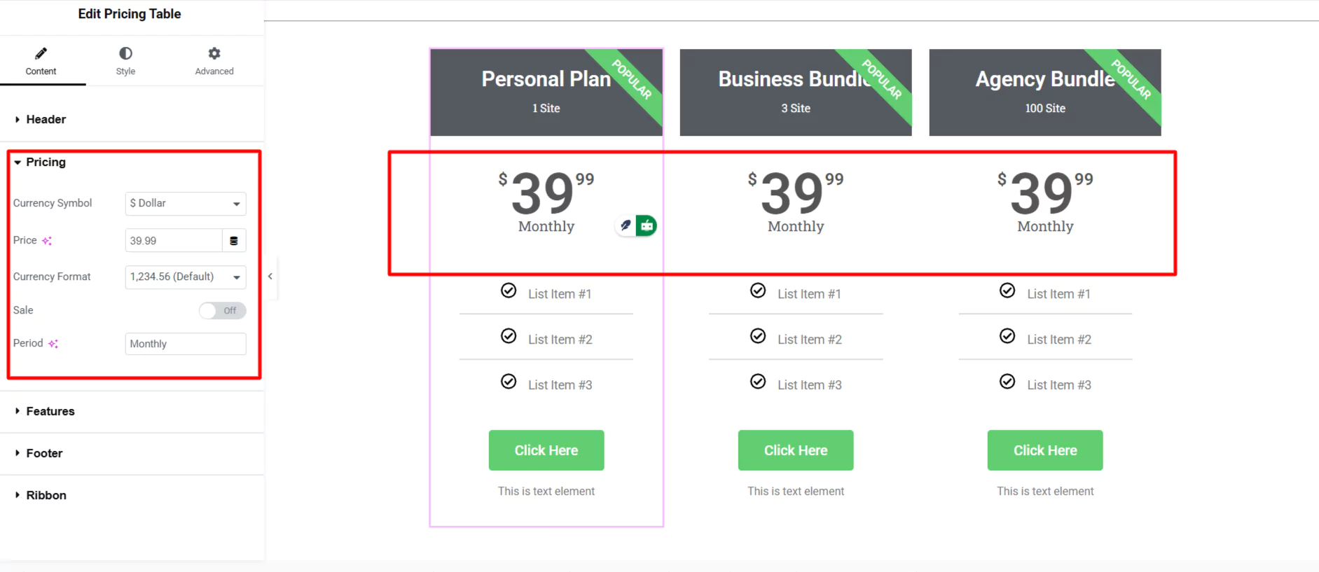 Elementor pricing table section 