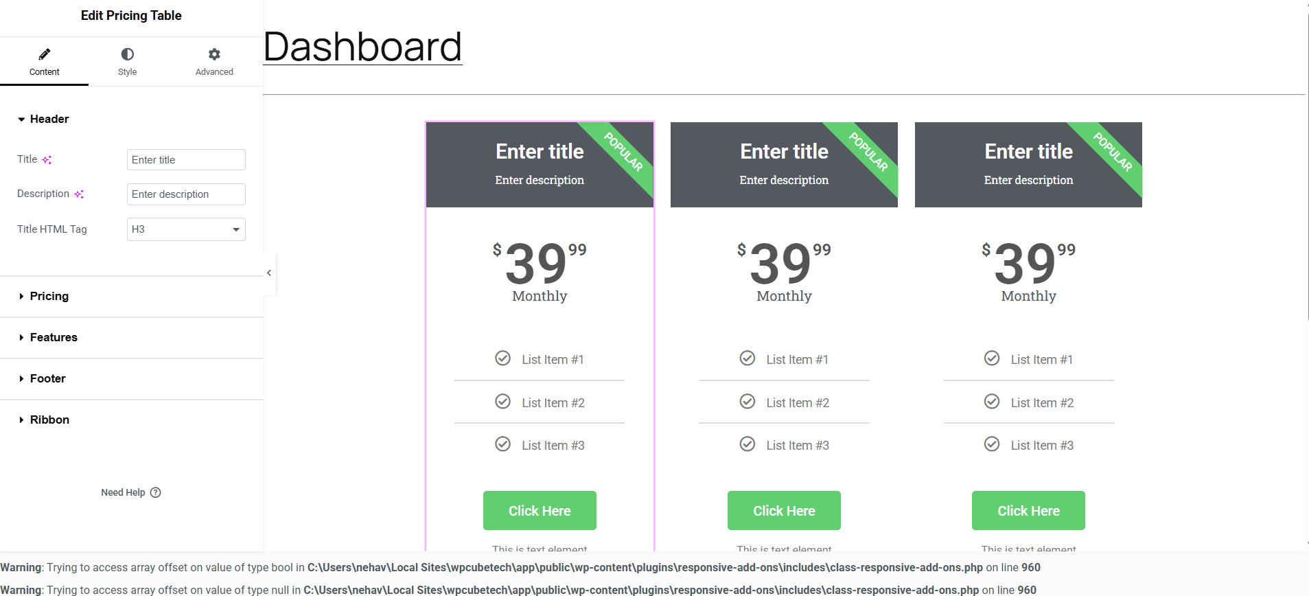 Displayed Elementor pricing table in editor