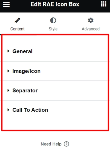 Content settings of Elementor icon box