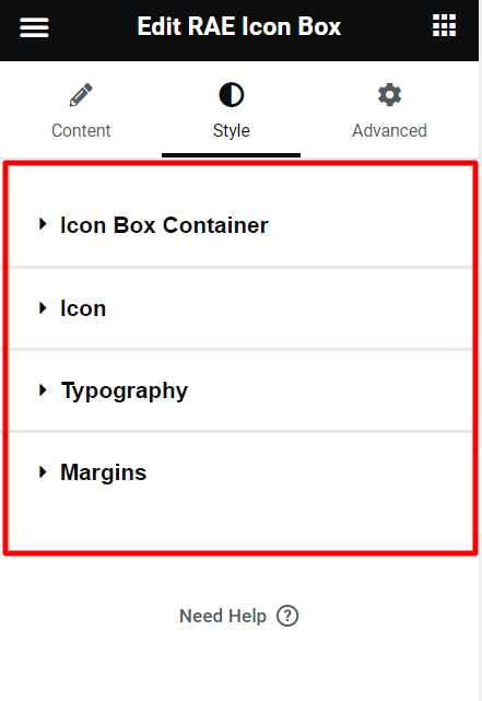 Styling tab of icon box widget