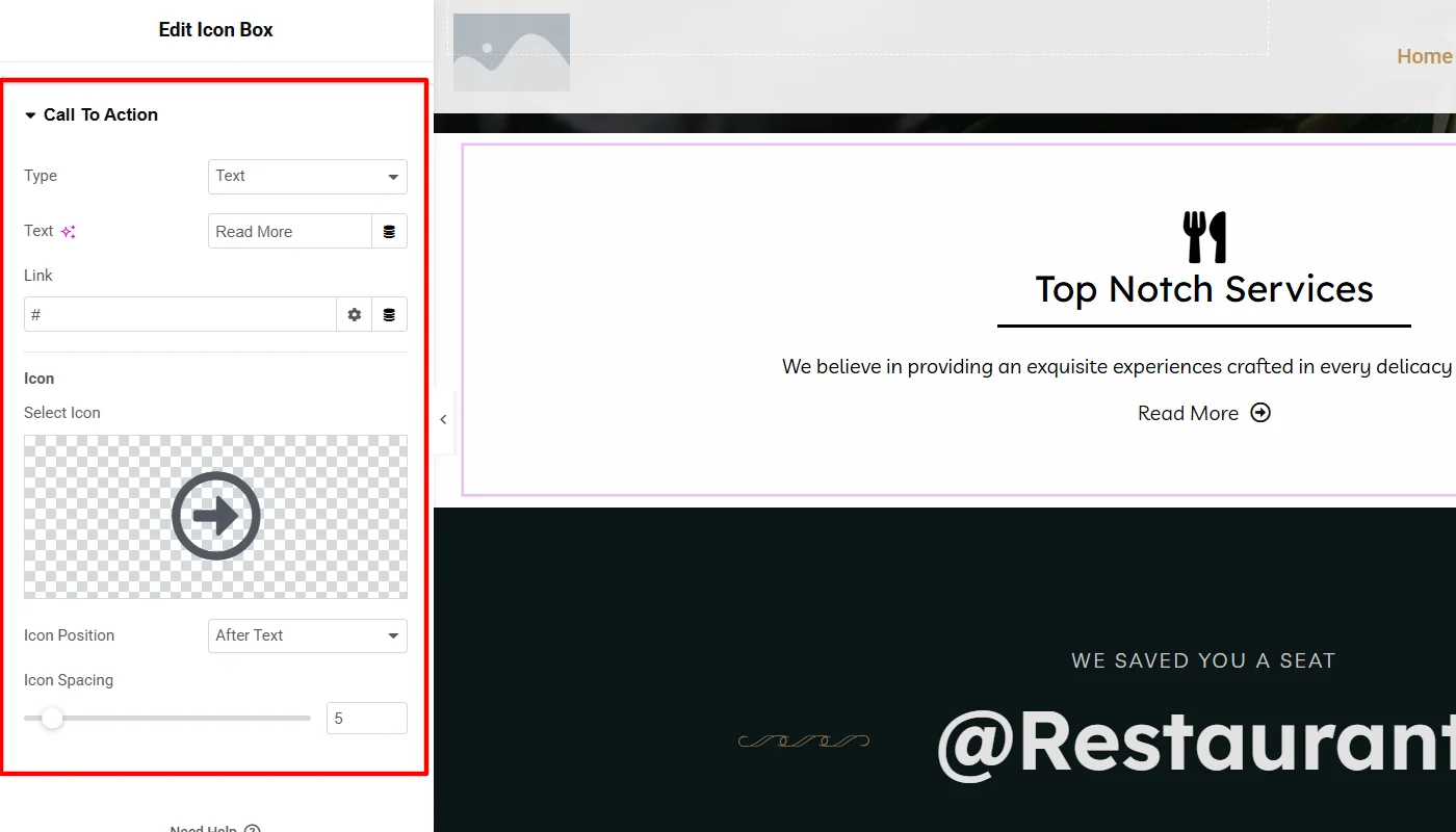 Editing icon box's call to action settings