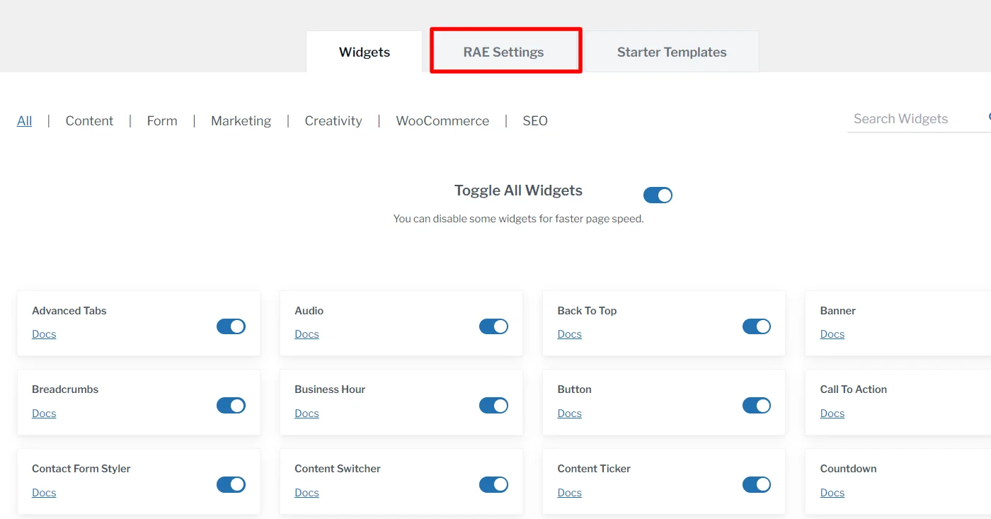 Clicking RAE settings