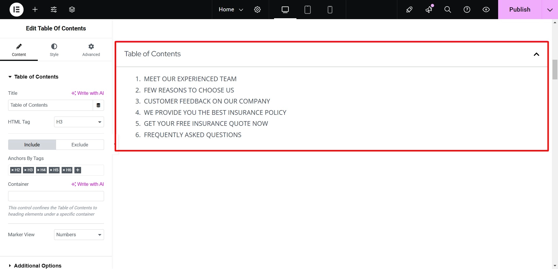 Default table of content