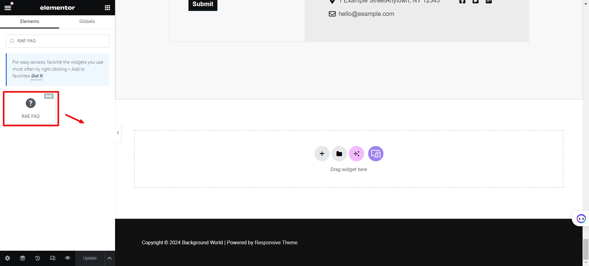 Drag and drop the faq widget
