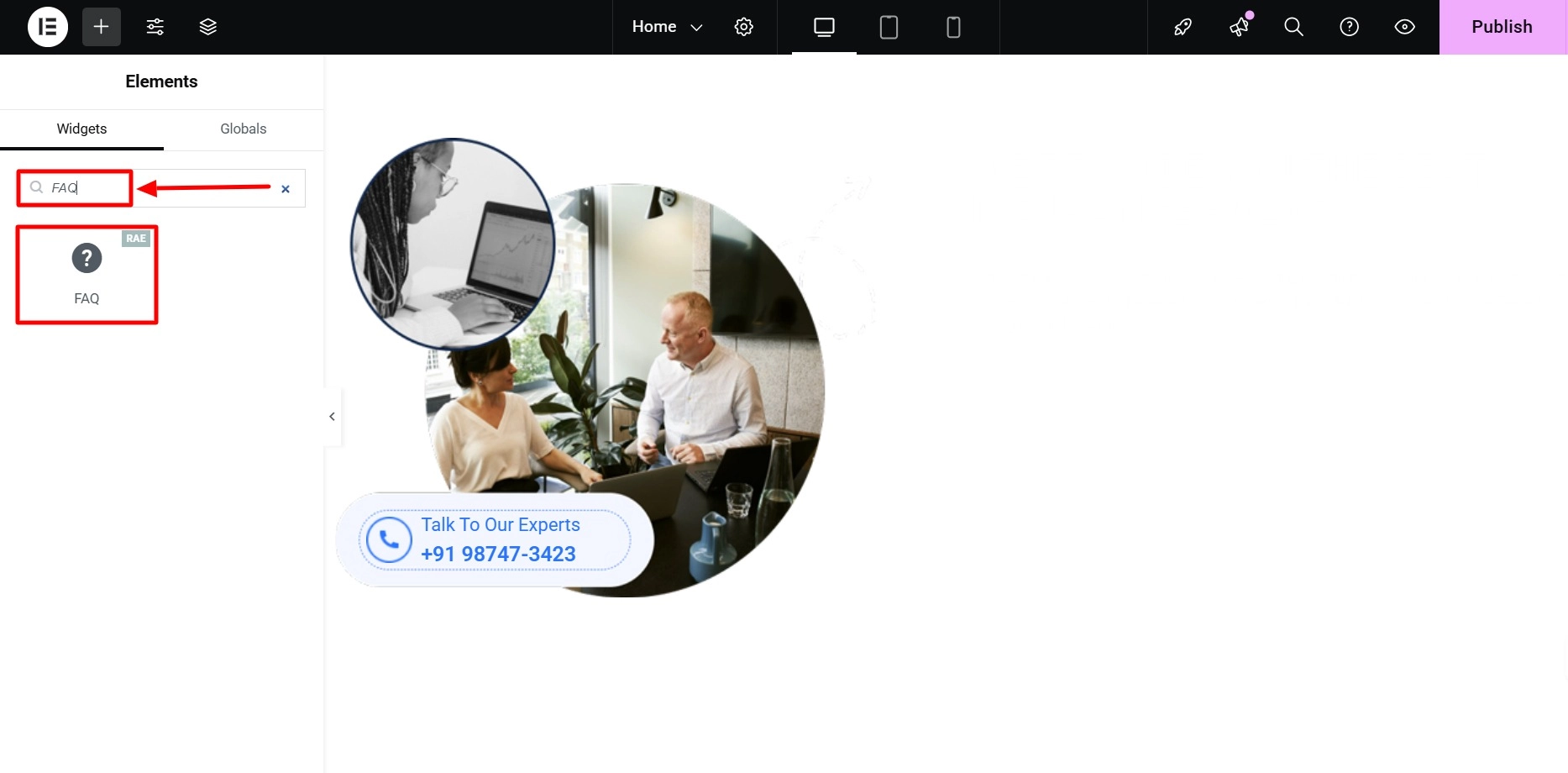 Search for the FAQ widget and drag and drop it onto the page