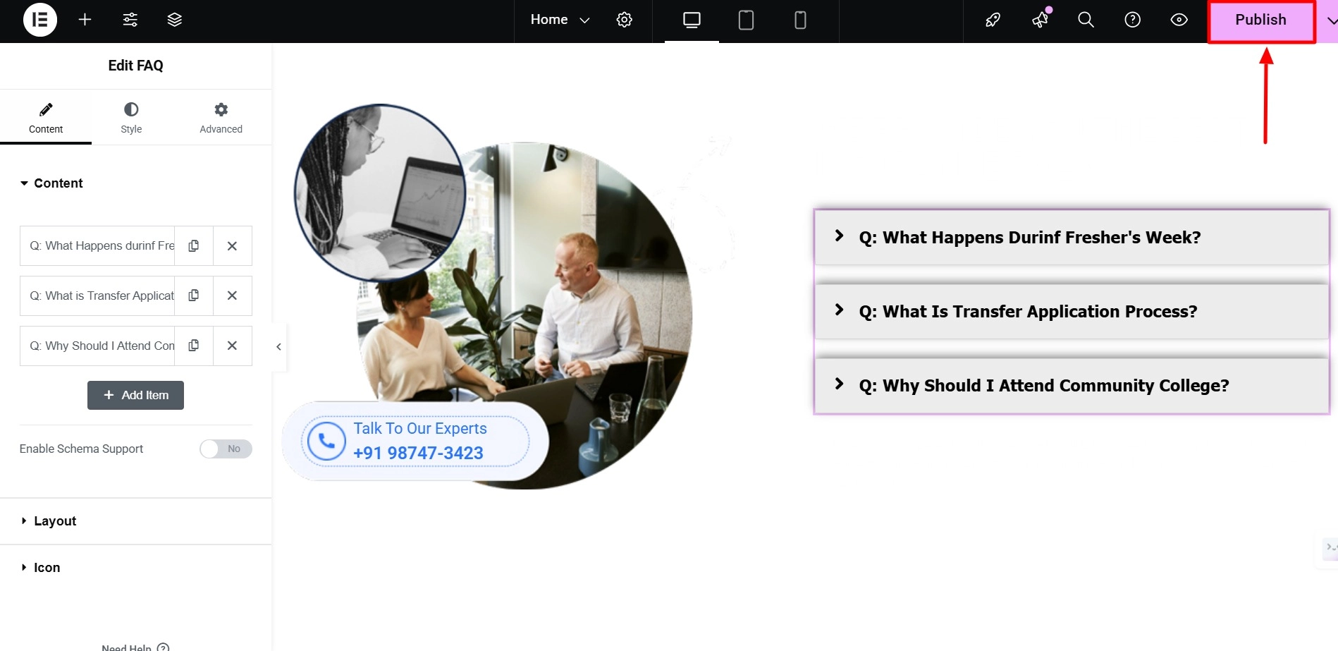 Click on the publish button