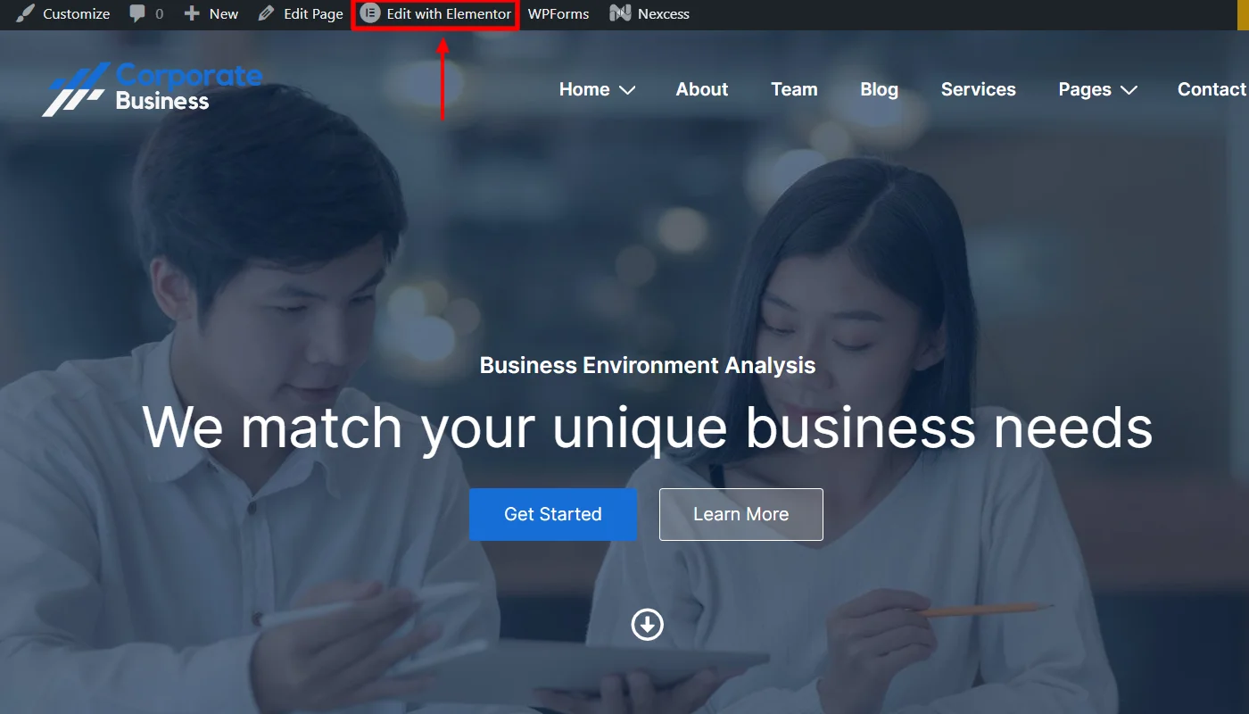 Clicking edit with elementor