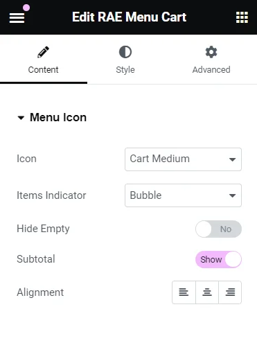Customizing menu cart icon