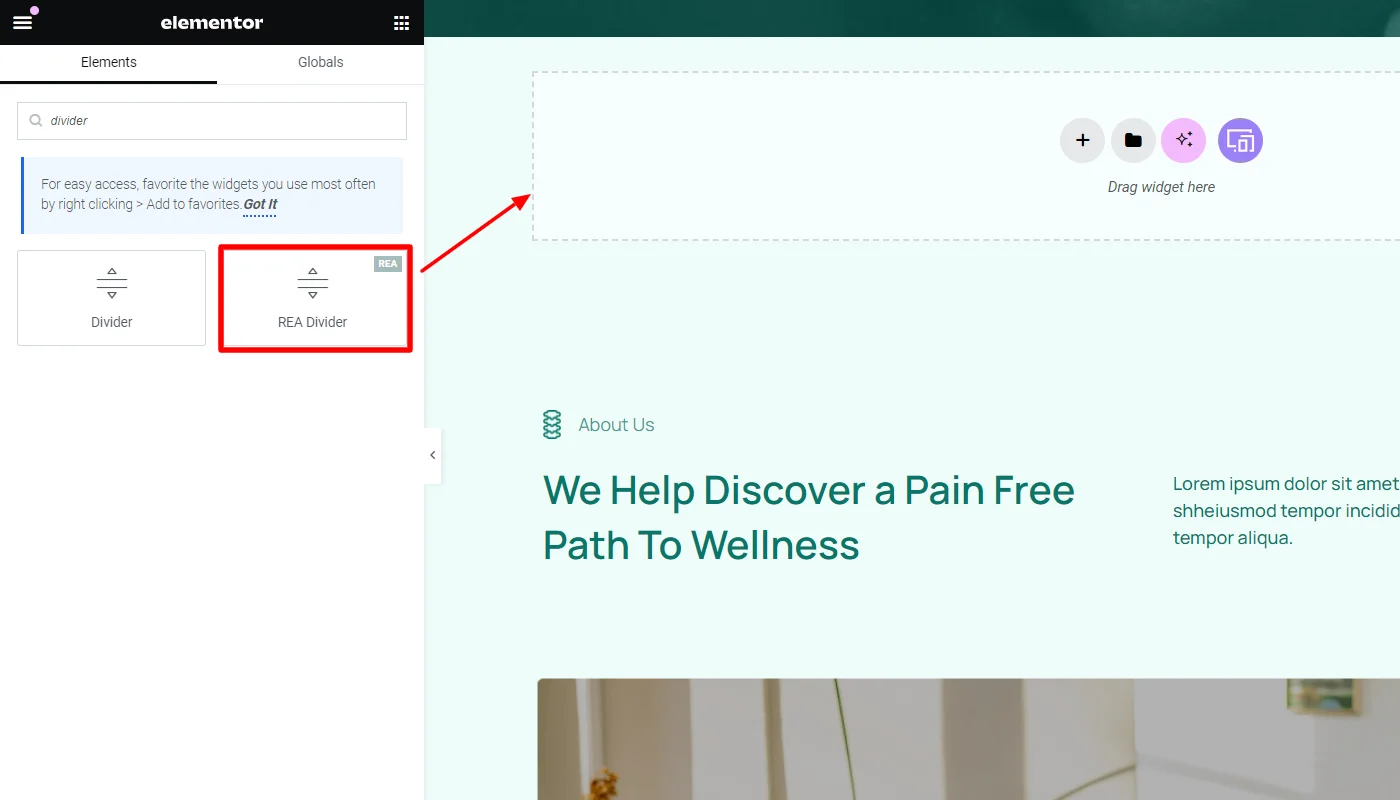 Dragging and dropping divider widget