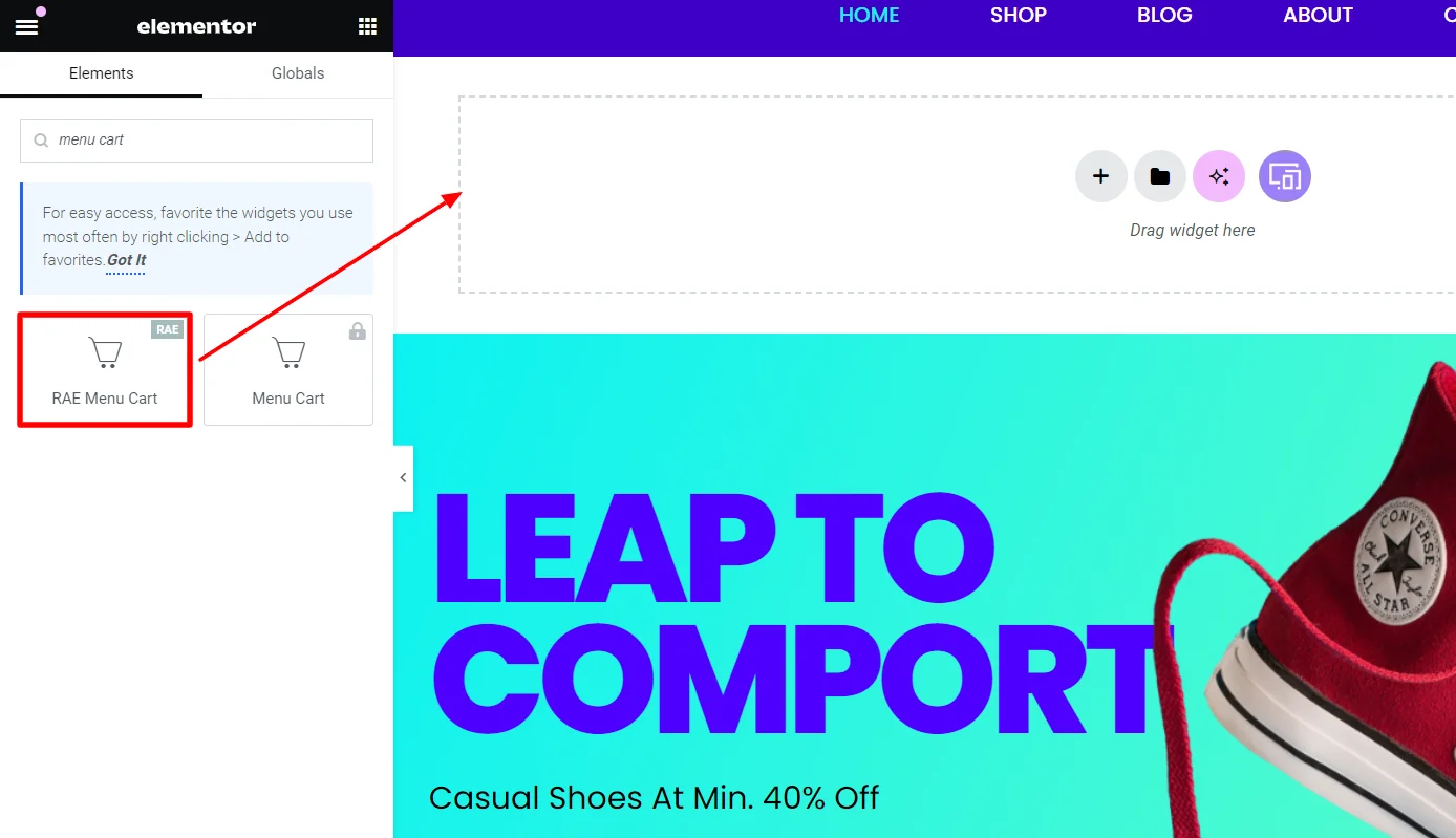 Dragging and dropping menu cart widget