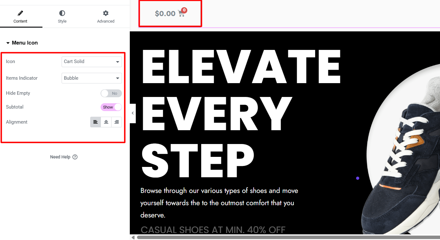 Customizing menu cart content