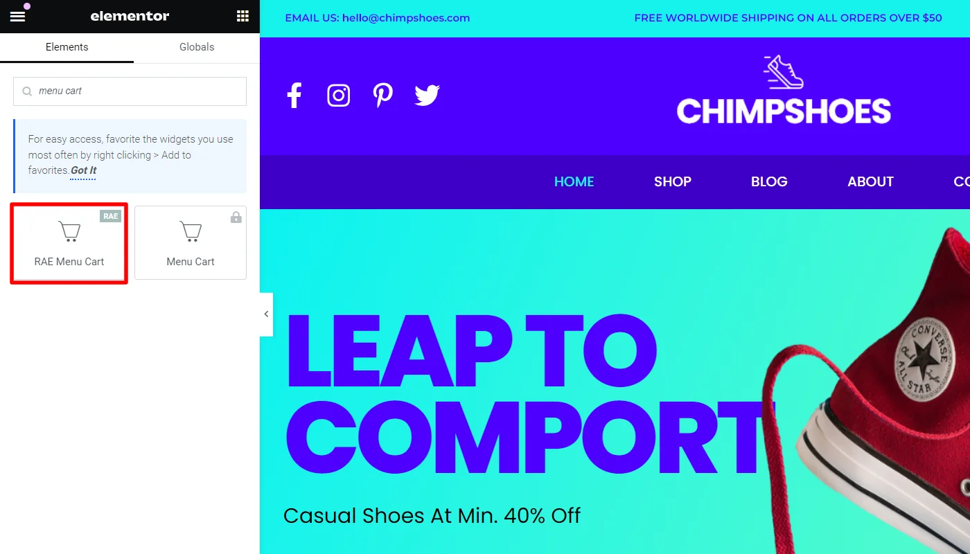 Searching menu cart