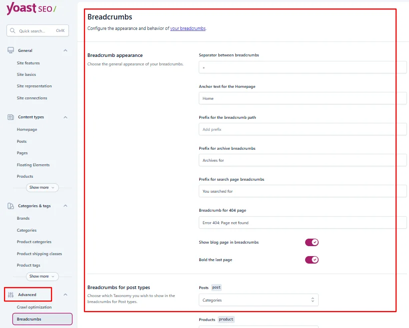 Setting up breadcrumbs in yoast