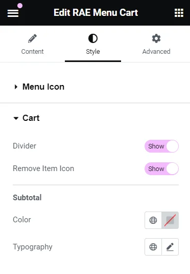 Styling menu cart