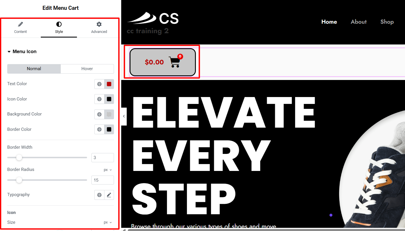Styling menu cart icon