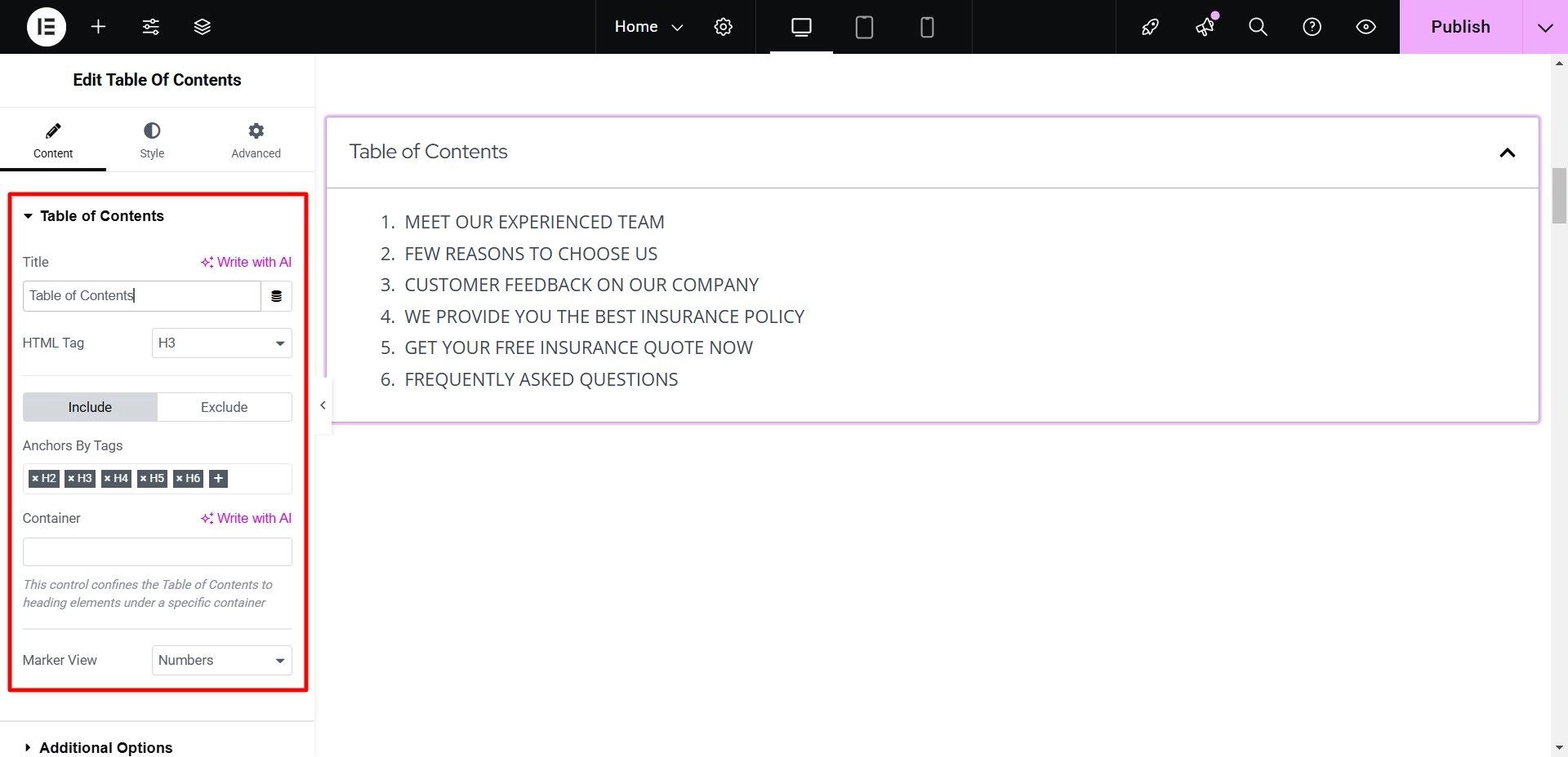 Table of Contents settings