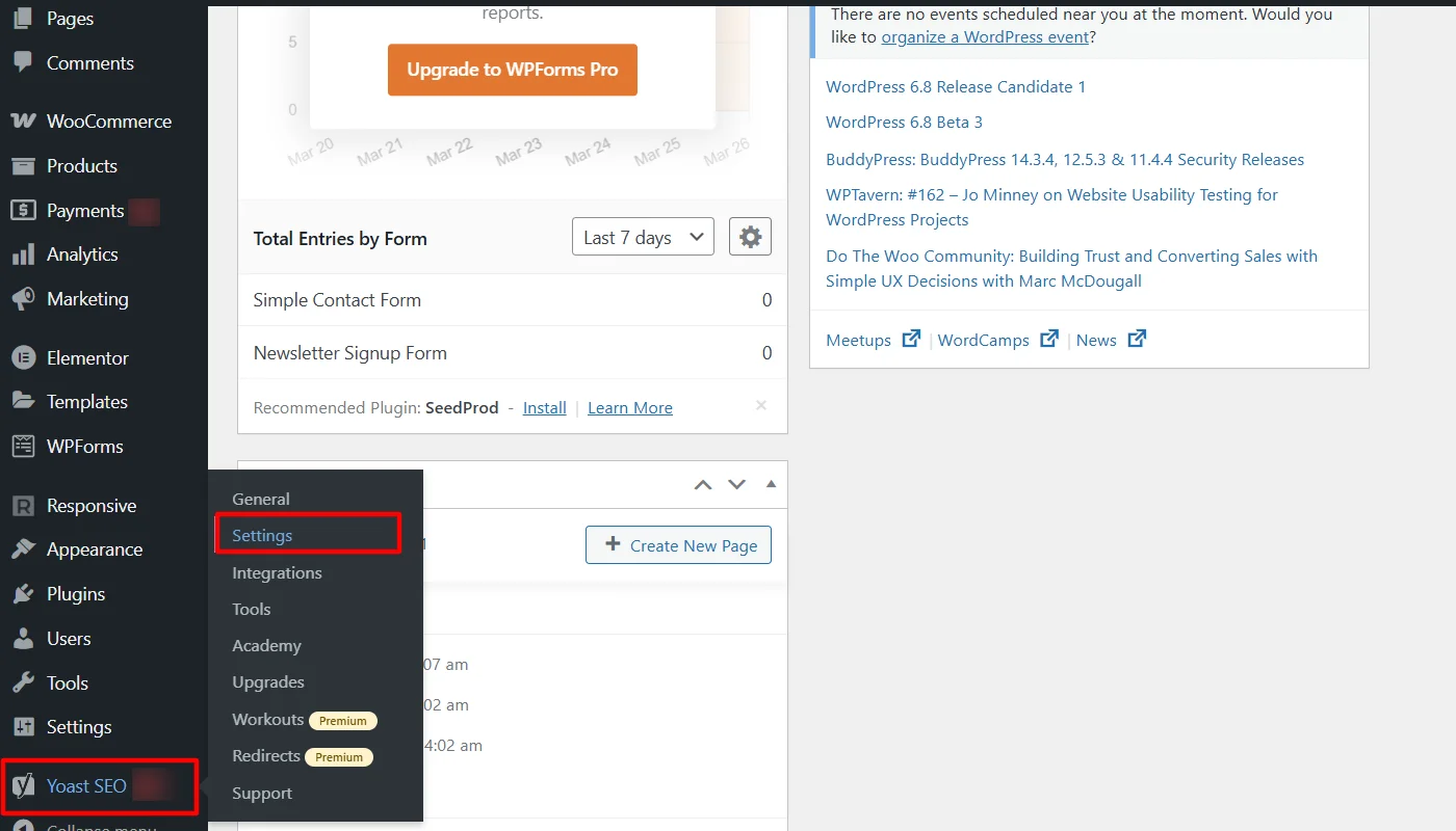 Clicking settings in Yoast seo