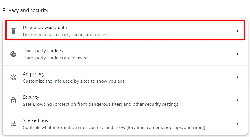 Clicking delete browsing data