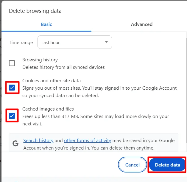 Clicking Delete data