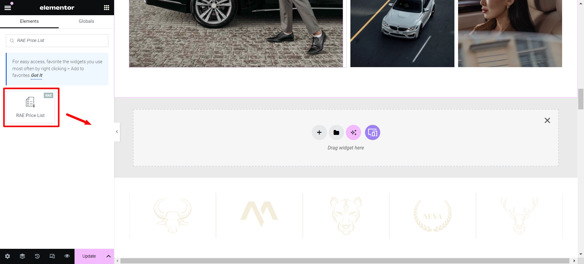 Dragging and dropping the widget