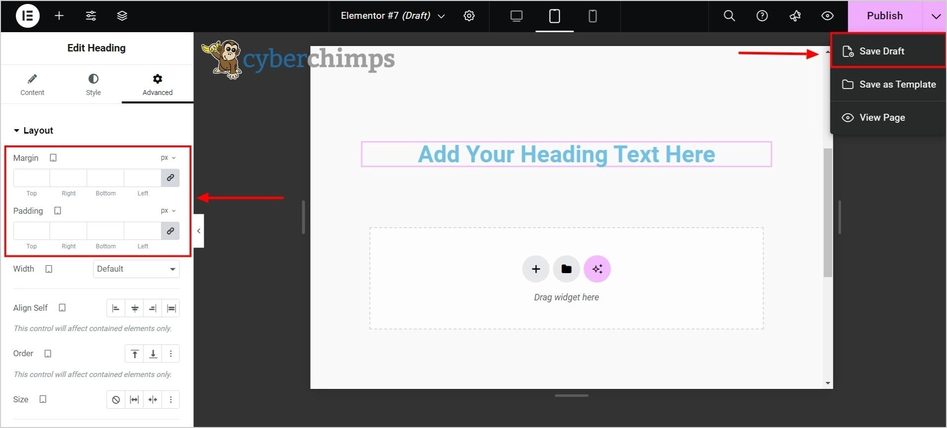 Editing-the-heading-widget-and-clicking-the-save-draft-option