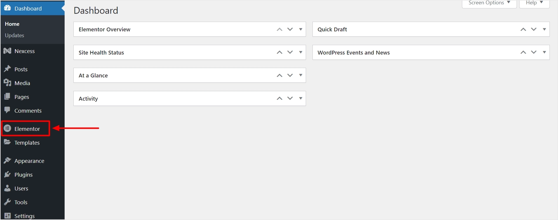Elementor Menu on the dashboard