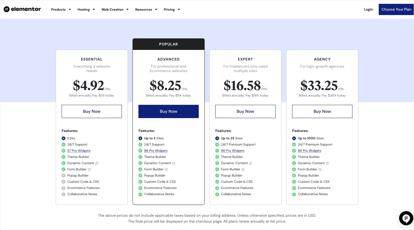 Elementor Pricing Plans