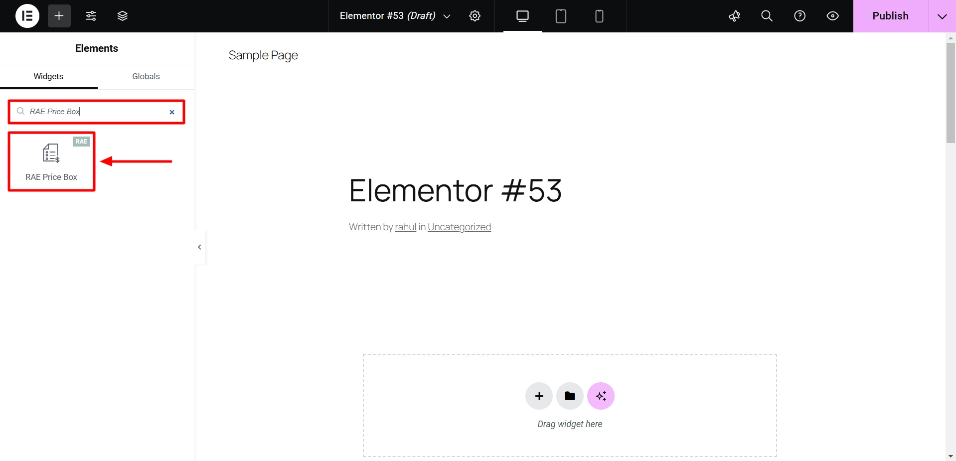 Drag and drop the RAE price box widget