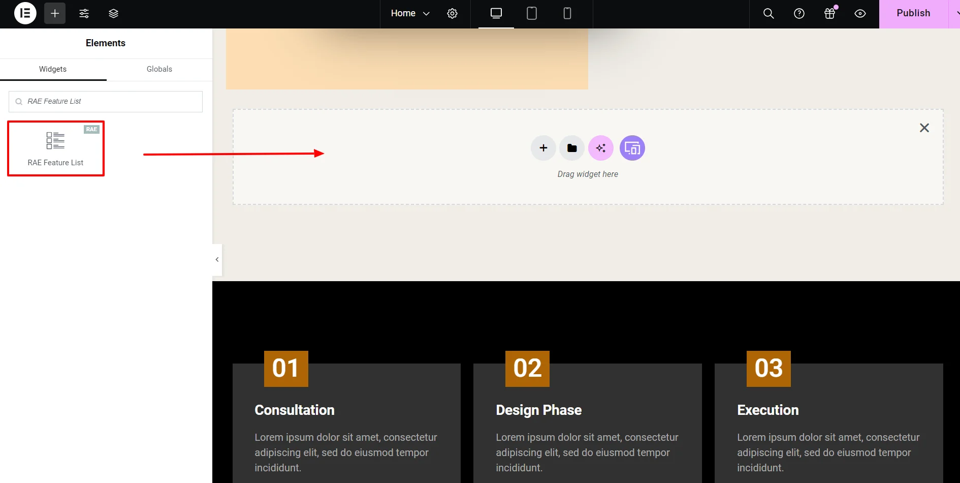 Inserting RAE Feature List Widget