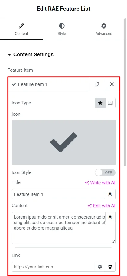 RAE Feature List Content Setting 