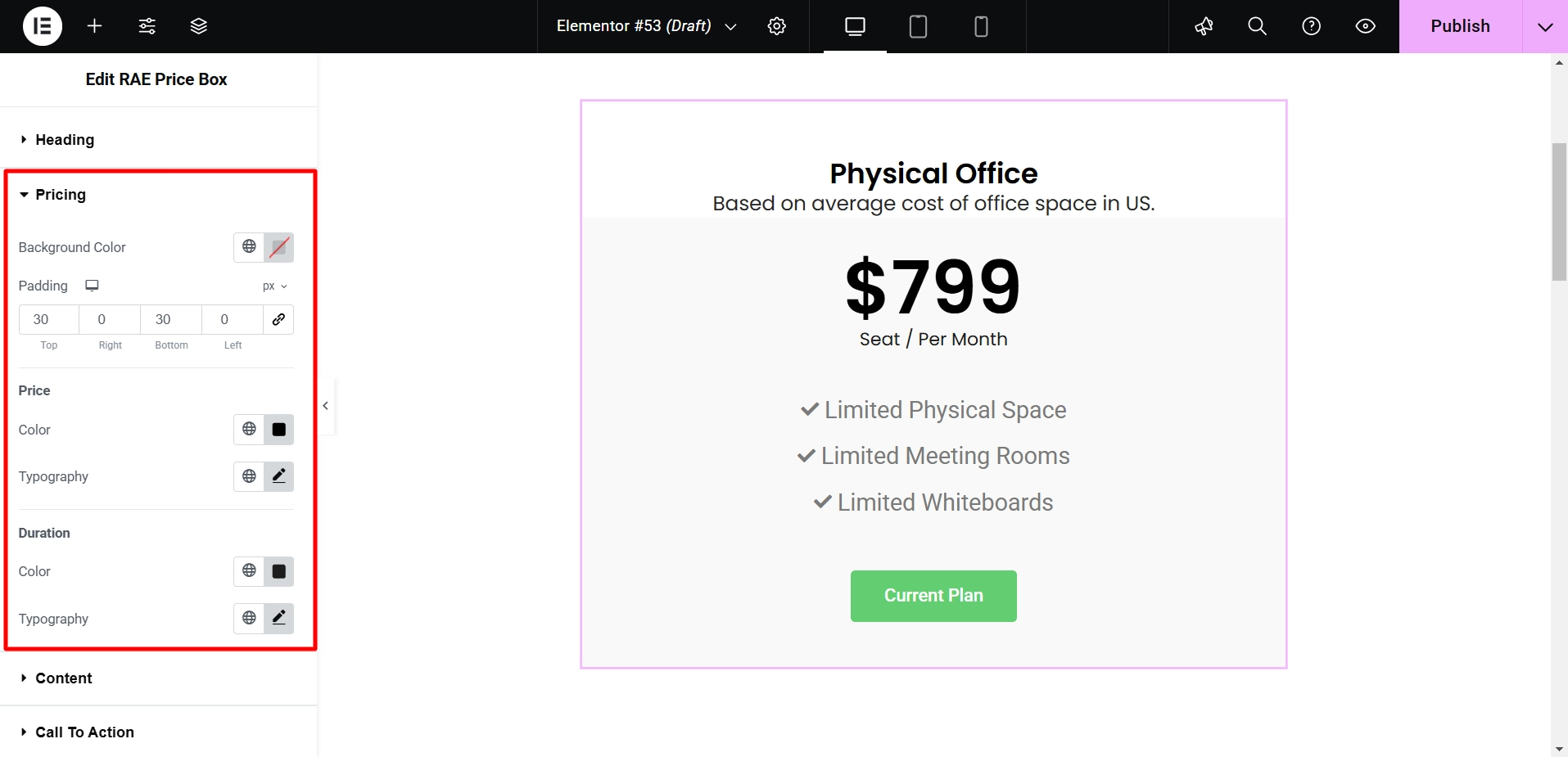 Styling the pricing
