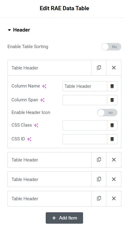 Header data table